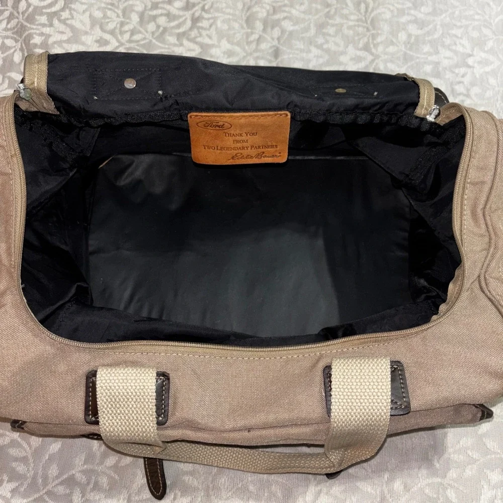 Eddie Bauer Ford Canvas Leather Trim Duffel Bag Weekender Travel Brown Luggage